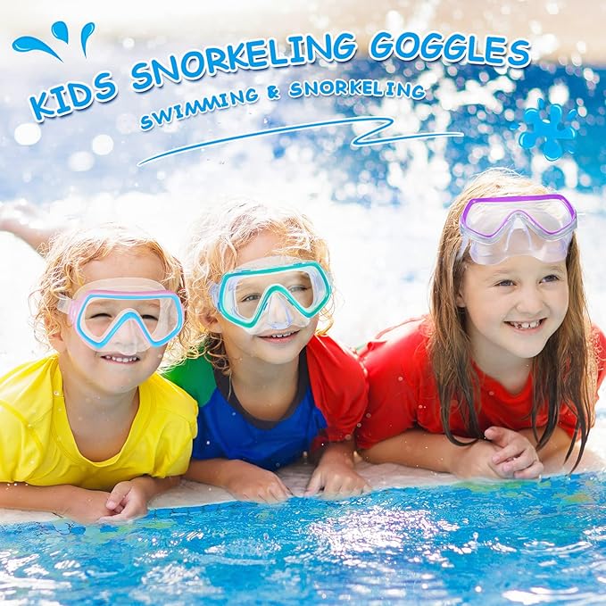 Hoolerry 4 Pcs Kids Nose Goggles Swim Goggles with Nose Cover for 3-8 Tempered Glass Snorkel Dive Mask Anti Fog with Elastic Strap No Leak Swimming Mask for Summer Diving Snorkeling