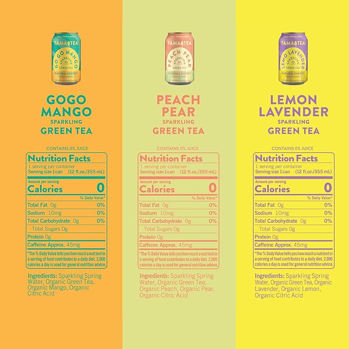 Tama Tea Sugar-Free Sparkling Green Tea Variety Pack – Organic & Naturally Energizing, Zero Calorie, Zero Carb, Non-GMO – Antioxidant-Rich with 45mg Natural Caffeine – 12 oz Cans (12-Pack)