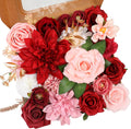 Artificial Flowers Combo, Mix Silk Flowers Roses, Peonies, Dahlias with Stems for DIY Wedding Bridal Bouquets, Baby Shower, Table Centerpieces, Home Decor, Fake Floral Arrangements-Red&Pink