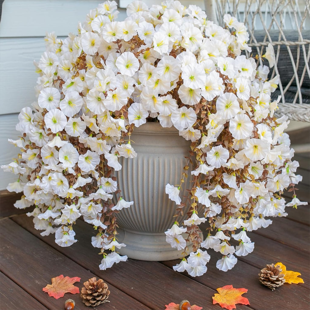 Fake Mums Artificial Fall Hanging Flowers for Outdoors Decoration, 2 PCS Faux Silk Morning Glory with Bown Eucalyptus UV Resistant Plants for Wall Home Porch Patio Balcony Yard Indoor Decor (White)