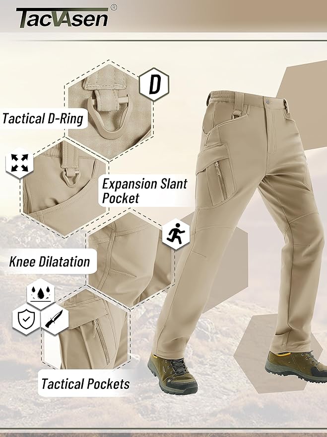 TACVASEN Men's Winter Pants 9 Pockets Fleece Snow Hiking Pants Water-Resistant Warm Softshell Thick Tactical Pants