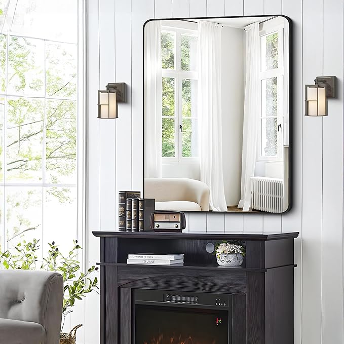 FORBATH Bathroom Mirror 30" X 40", Large Rectangular Wall Mirror, Black Metal Framed Rounded Corner Wall Mounted Mirror for Bathroom Bedroom Entryway Decor(Horizontal/Vertical)