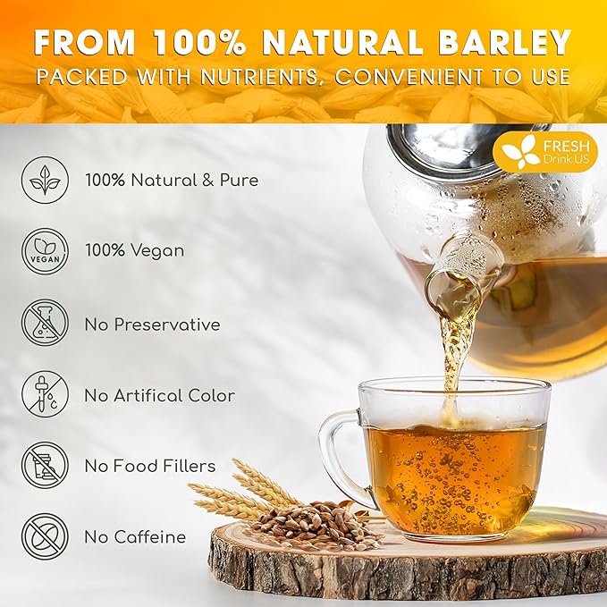 FreshDrinkUS Premium 50 Barley Tea Bags, 100% Natural & Pure. Loose Barley Herbal Tea. Made with Natural Material Tea Bags. No Sugar, No Caffeine, No Gluten, Vegan