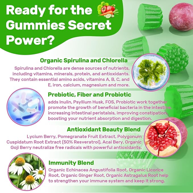 Super Greens Gummies, Greens Superfood Powder Alternative w/Spirulina, Chlorella, Prebiotic Fiber, Probiotic, Fruit Veggie, Daily Fruit Vegetable for Digestive & Gut Health, Immunity, Focus, 120 Cts