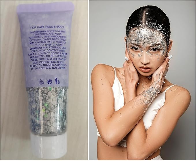 Go Ho Silver Face Body Glitter Gel,Singer Concerts Silver Face Paint Makeup,Holographic Chunky Glitters for Hair/Lip/Nails on Party Halloween Makeup,Festival Rave Accessories,52g