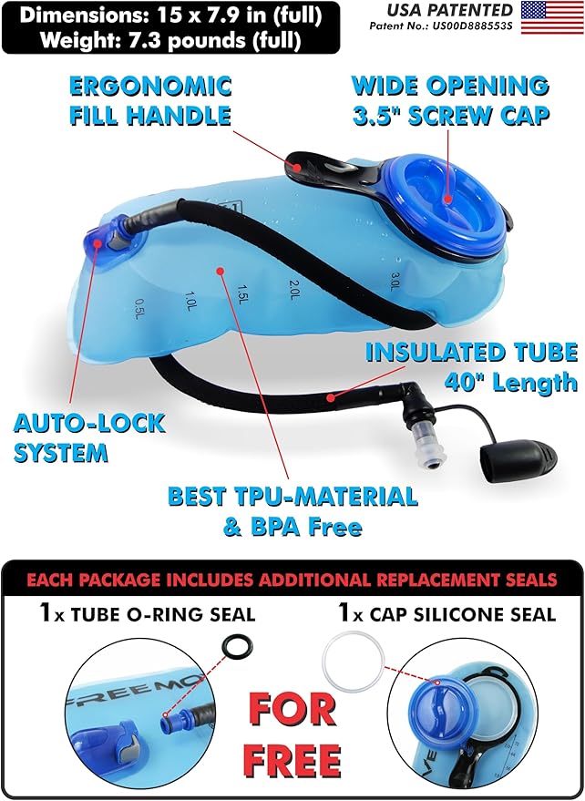 Hydration Pack with 2L or 3L Water Bladder & Cooler Bag > Keeps Drink Cool & Protects Bladders > Camelback Reservoir for Hydration Backpack, Tasteless & BPA Free, Quick Release Tube & Shutoff Valve