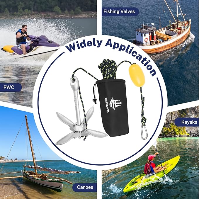 Dreizack Kayak Anchor Kit, 3.5 lb Folding Grapnel Boat Anchor Trolley Accessories with 40ft Rope and PVC Buoy for Fishing Kayaks SUP Paddle Boards Canoes Jet Ski PWC Inflatable Small Boats