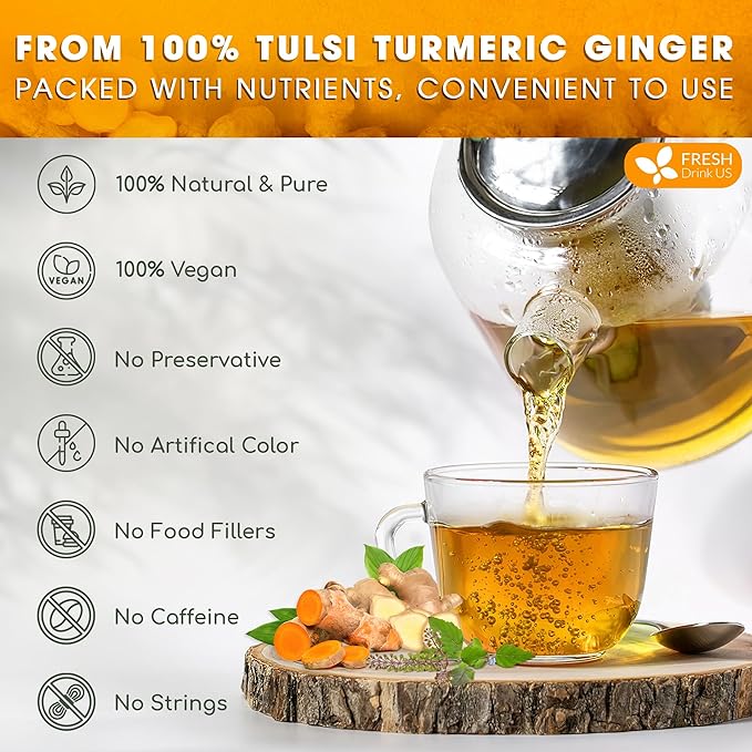 FreshDrinkUS, Premium 135 Tulsi Turmeric Ginger Tea Bags, 100% Natural & Pure from Tulsi Holy Basil Leaves, Turmeric and Ginger. Made with Natural Material Tea Bags. No Sugar, No Caffeine, Vegan.