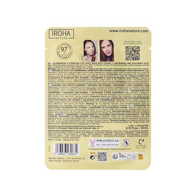 IROHA NATURE Brightening & Hydrating Face Mask with Pure Vitamin C and Hyaluronic Acid (Pack of 15) | Illuminates & Hydrates | Instant Results in 15 Minutes | 100% Biodegradable