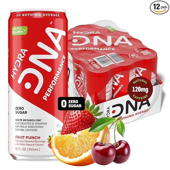 HYDRADNA- Clean Performance Drink, Zero Sugar | For Natural Fuel, Alertness, Boost, Stamina,120 mg Organic Caffeine, Natural Flavors, Zero Sucralose, Clean Ingredients (12 Pack) (12 Pack, Fruit Punch)