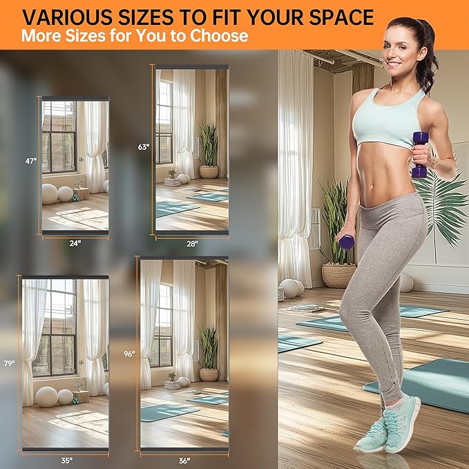 Hasipu 2 Pcs 55''x17'' Home Gym Mirror Large Full Length Wall Mounted Full Body Mirror for Yoga Dance Fitness Exercise Studio Bedroom Garage, Frameless Tempered Glass Workout Mirrors Black Rectangular