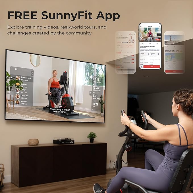 Sunny Health & Fitness Smart Heavy-Duty Recumbent Bike w/Wide Cushioned Seat & Back, Indoor Cycling Machine for Adult/Seniors Home Exercise, Free SunnyFit App Connect, Optional Workout Training Bands