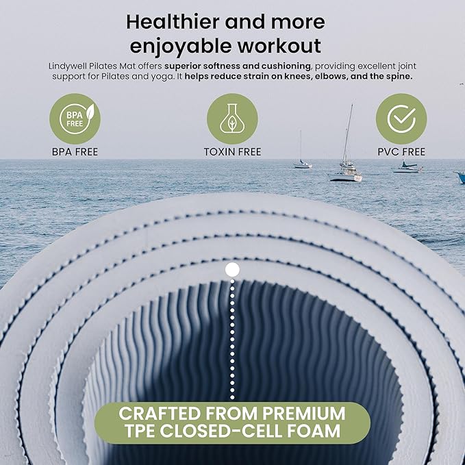 Lindywell Pilates Yoga Workout Mat Non Slip 6mm, 8mm, 10mm Thick - 6ft x 26in