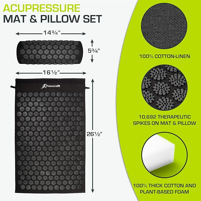 ProsourceFit Acupressure Mat and Pillow Set for Back/Neck Pain Relief and Muscle Relaxation, Large - Gray/Gray