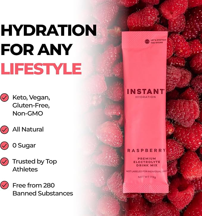 Instant Hydration Electrolytes Powder Packets - Raspberry Electrolyte Drink Mix - Zero Sugar - Keto, Vegan, Gluten-Free, Non-GMO - Boost Recovery, Brain Health, Muscle & Tissue Support- 30 Sticks