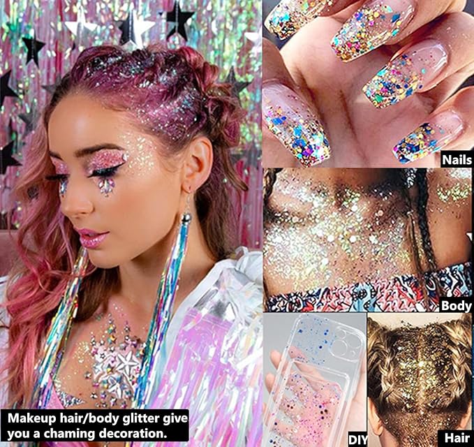 Go Ho Christmas Body Hair Face Glitter Gel,Christmas Glitters Face Paint,Holographic Colorful Sequins Chunky Reflective Face Glitter Makeup,Festival Rave Outfits for Women
