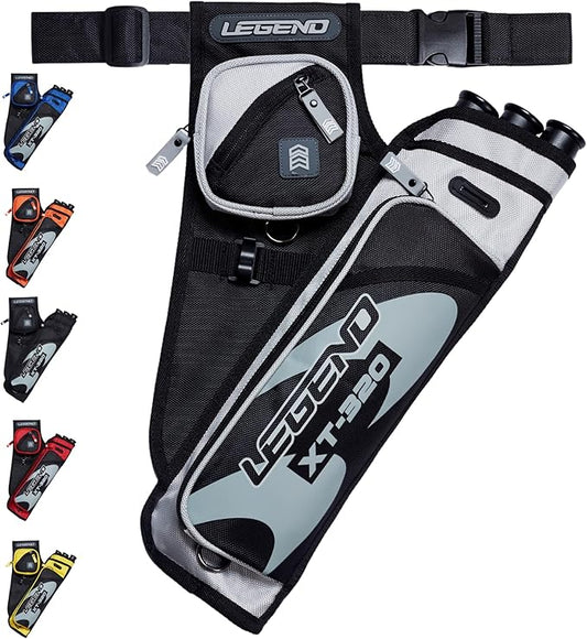 LEGEND XT320 Archery Quivers - Nylon Hip Quivers with 3 Arrow Tube Cases for Target Shooting - Adjustable Waist Belt, T-Slot, Storage Compartments for Accessories, Gear, Tools, Release Tab, Score Card