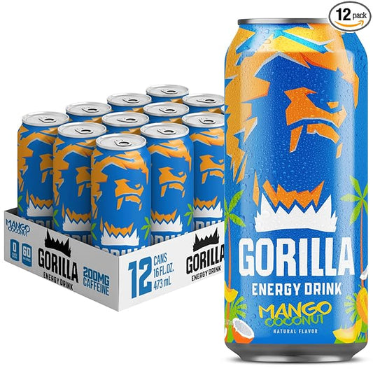 Gorilla Energy Drink, Mango Coconut, 200mg Natural Caffeine, Real Fruit Juice Squeezed & Concentrated, L-Theanine, Taurine, Ginseng, Acetyl L-Carnitine, No Added Sugar and No Artificial Colors, 12 Pack