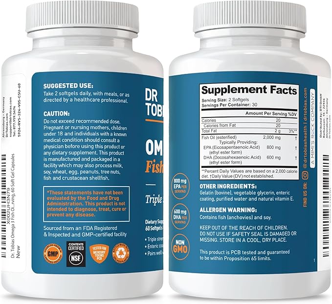 Dr. Tobias Omega 3 Fish Oil, 2000mg Triple Strength with 800mg EPA 600mg DHA Per Serving, Fish Oil Omega 3 Supplements for Heart, Brain & Immune Support, 60 Softgels, 30 Servings