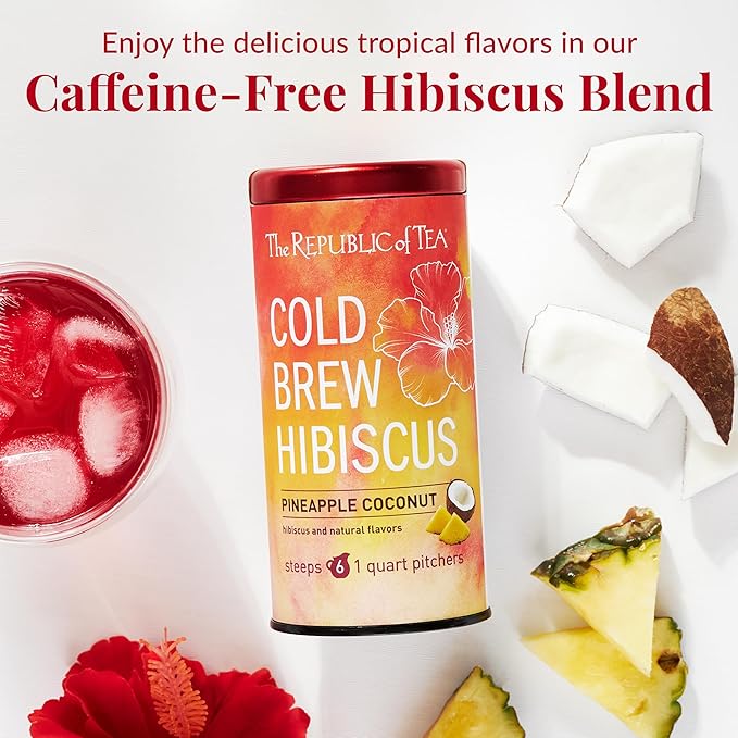 The Republic of Tea – Cold Brew Hibiscus Pineapple Coconut Iced Tea, Large Herbal Iced Tea Pouches, Steeps Six One-Quart Pitchers