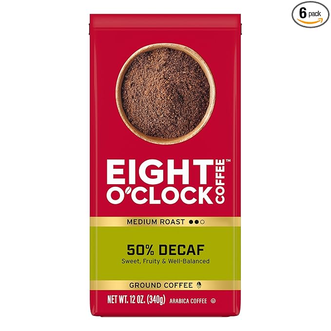 Eight O'Clock Coffee 50% Decaf Ground Coffee, Medium Roast, 12 Ounce (Pack of 6) - Half-Caf Coffee, Kosher Certified