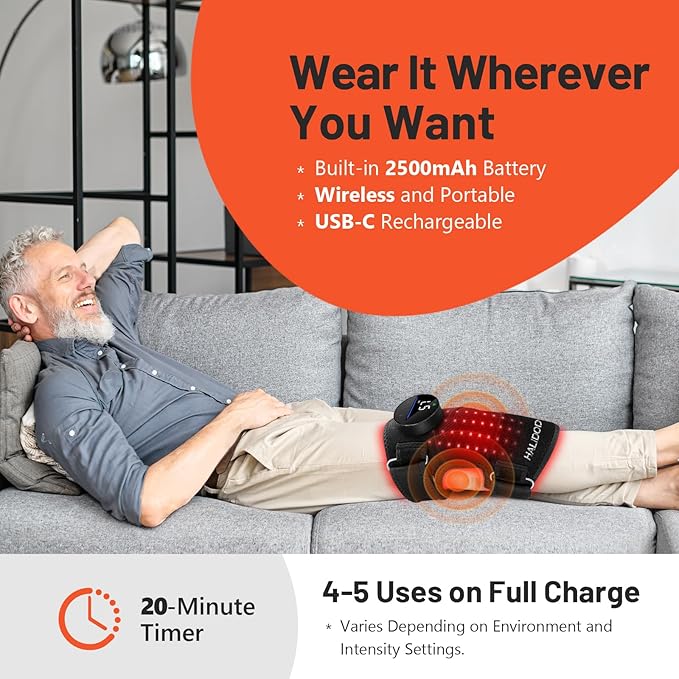 HALIDODO Red Light Therapy & Vibration Massage Knee Brace - Wireless Rechargeable Controller, 660nm&850nm Red Light Therapy Heated Device for Knee/Joint/Elbow/Shoulder Pain Relief, Black.