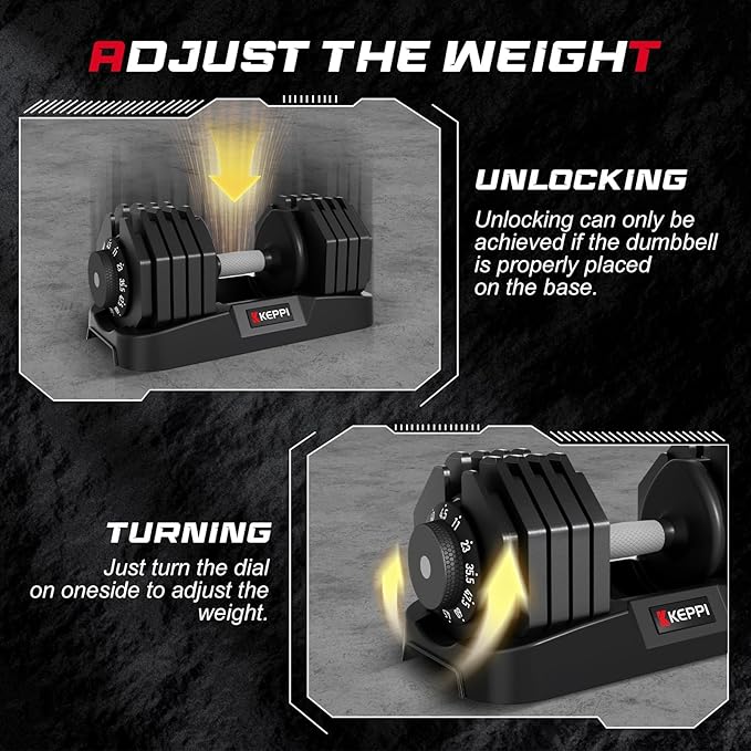 Keppi Adjustable Dumbbells Set-25lb/40lb/55lb/60lb, Anti-Slip Metal Fast Adjust Weight Handle, Exercise & Fitness for Full Body Workout - Adjustable Dumbbell Series