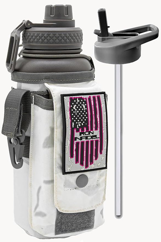 Iron Infidel Battle Bottle - 32 Oz Insulated Water Bottle with Straw Lid & Chug Cap, Stainless Steel Metal Flask Includes Rugged, Removable Sleeve for Keys, Wallet, & Phone (Arctic Camo 1 Liter)