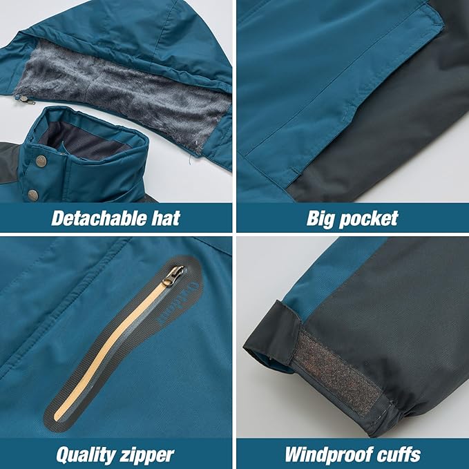Men's Winter Ski Jacket Warm Waterproof Fleece Liner Snow Coat Hooded Windproof Mountain Raincoat