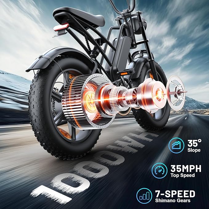 E500 Electric Bike for Adults 1000W Peak Motor, 20" Fat Tire Dirt E-Bike with 35MPH, 40 Miles PAS Range, Electric Bicycles with 48V Removable Battery, 7-Speed E Bike for Mountain Beach Sand Road Snow