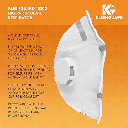 Kleenguard™ 3300 Series N95 Particulate Respirator (54626), RA3315V Molded Cup Style, NIOSH-Approved, Exhalation Valve, Regular Fit, White (10 Respirators/Box)