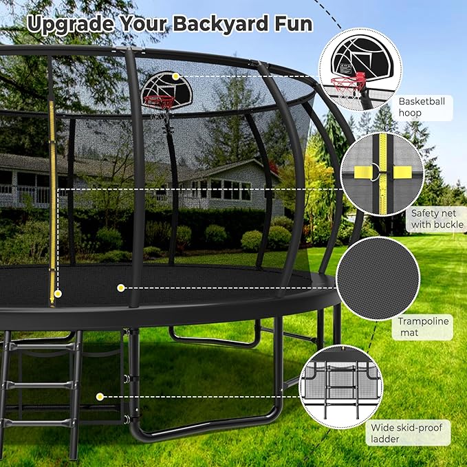 10 12 14 15 16FT Outdoor Trampolines for Kids and Adults, Pumpkin Trampoline with Curved Poles, Recreational Trampoline with Basketball Hoop and Safety Enclosure Net for Kids and Adults