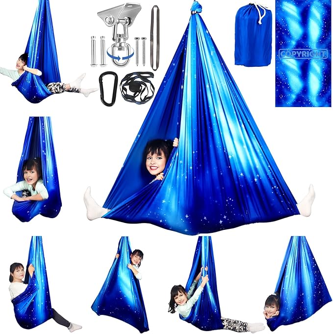 Double Layer Sensory Swing for Kids & Adults Holds up to 300lbs Indoor and Outdoor Therapy Cuddle Swing with 360° Swivel Hanger Kit Adjustable with Aspergers Autism ADHD (Star Blue)