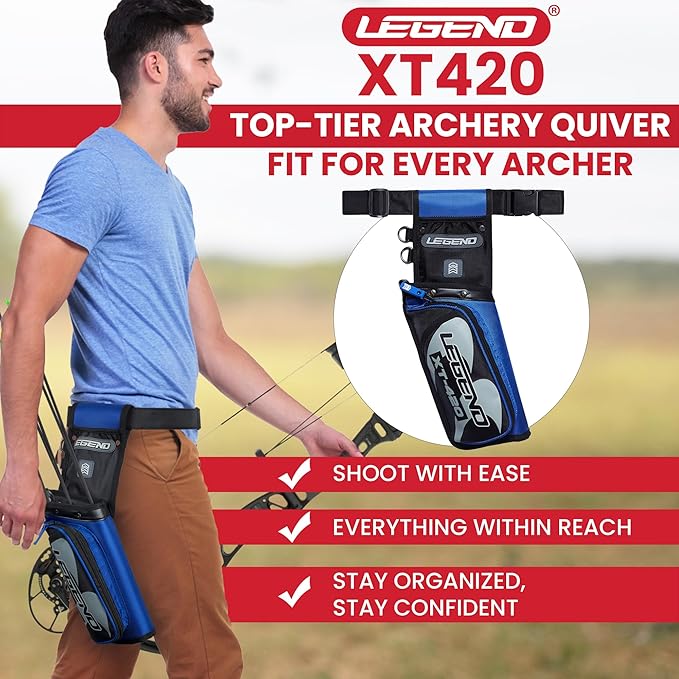Legend XT420 Field Quiver - Left or Right-Handed Quiver Arrow Holder, Archery Quiver with 3 Arrow Tube, Durable Nylon Hip Quivers with Multiple Pockets for Archery Accessories, Score Card & Tools