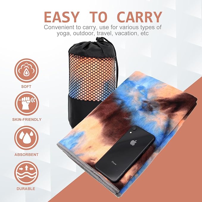 Eunzel Yoga Towel,Hot Yoga Mat Towel with Grip Dots Sweat Absorbent Non-Slip for Hot Yoga, Pilates and Workout 24" x72", Blue & Brown