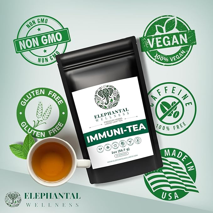 Elephantal Wellness Premium Immuni-Tea | Immune System & Respiratory Support with Reishi, Clove, Echinacea & Elderberry | Handmade, Caffeine-Free, Non-GMO Loose Leaf Blend, 2oz, 20 Servings