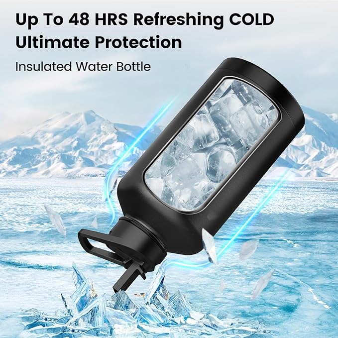 Insulated Water Bottle 87 oz, Triple Wall Vacuum Stainless Steel(Cold for 48 Hrs),Leak Proof & BPA-Free,Half Gallon Water Bottle with Reflective Paracord & Flip Straw for Sports & Travel, Black