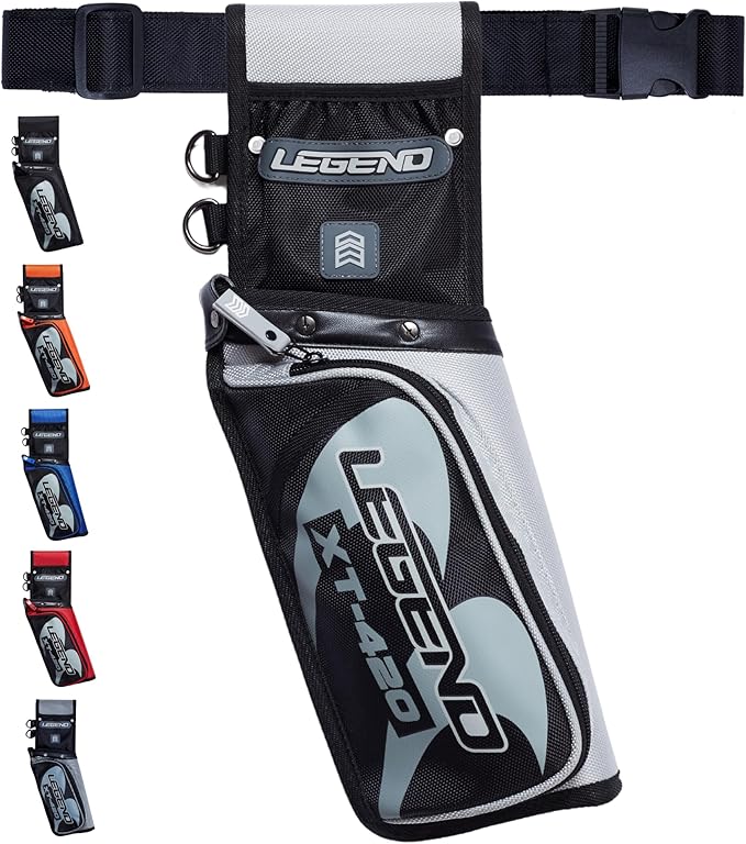 Legend XT420 Field Quiver - Left or Right-Handed Quiver Arrow Holder, Archery Quiver with 3 Arrow Tube, Durable Nylon Hip Quivers with Multiple Pockets for Archery Accessories, Score Card & Tools