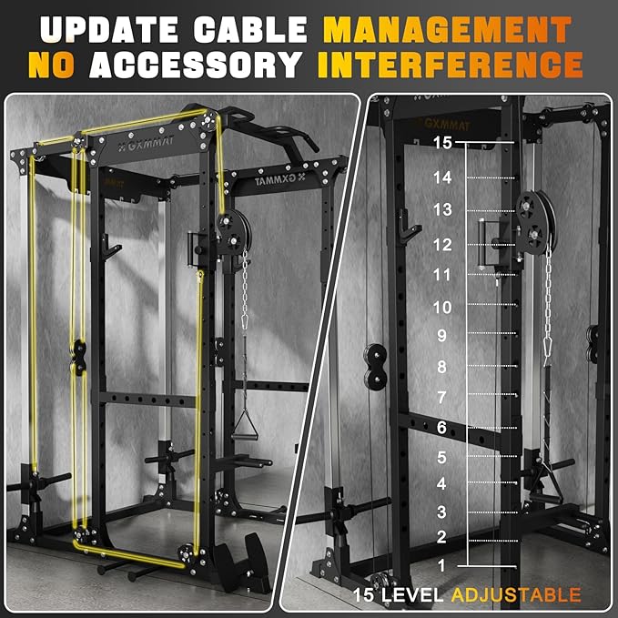 GXMMAT X6 Power Cage, 2200LB Multi-Function Power Rack with Independent Dual Aluminum Pulley System, Squat Rack for Home Gym Strength Training Equipment, Heavy-Duty Steel Construction