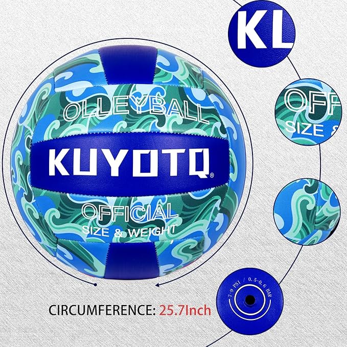 KUYOTQ Official Size 5 in&Outdoor Beach Volleyball,3MM Thickened Surface Soft Leather Youth Womens Mens Volleyball for Game Gym Training(Deflated) (Blue-Wave)