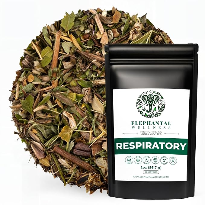 Elephantal Wellness Premium Respiratory Herbal Tea | Lung Detox, Mucus Cleanse & Breathing Support with Mullein, Eucalyptus, Thyme & Lungwort | Handmade, Caffeine-Free, Non-GMO Loose Leaf Blend, 2oz, 20 Servings