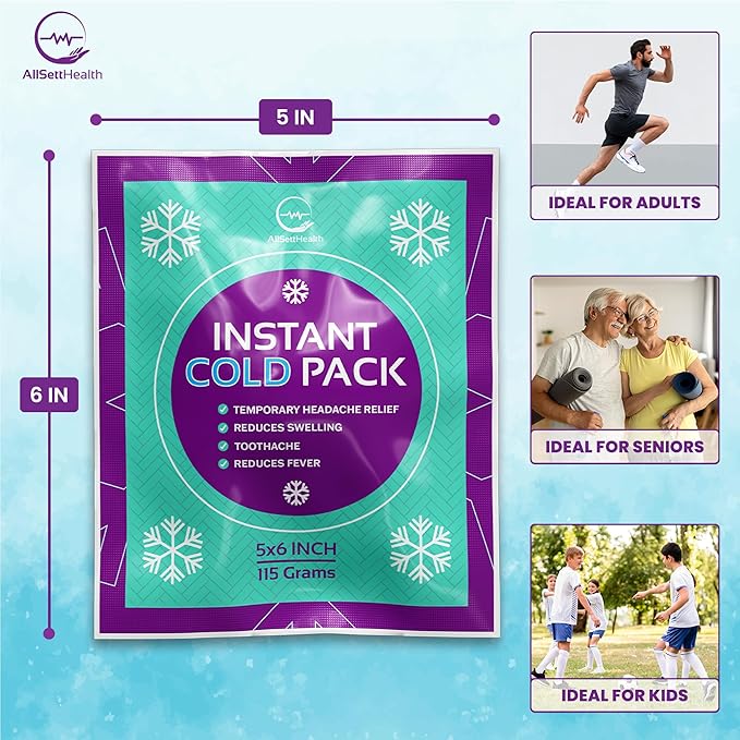 Instant Ice Cold Pack (6” x 5”) - 25 Packs Disposable Instant Ice Packs for Injuries | Cold Compress Ice Pack for Pain Relief, Swelling, First Aid, Toothache, & Outdoor Activities -Subscribe & Save