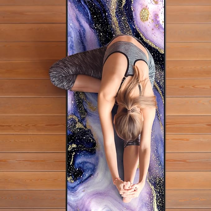 QiyI Yoga Mat Towel with Corner Pockets, Non Slip Sweat Absorbent Hot Yoga Towels, Soft Yoga Blankets with Travel Bag, Skidless Mat Cover for Workout, Gym, Fitness - 70"x26", Purple & Pink Grain