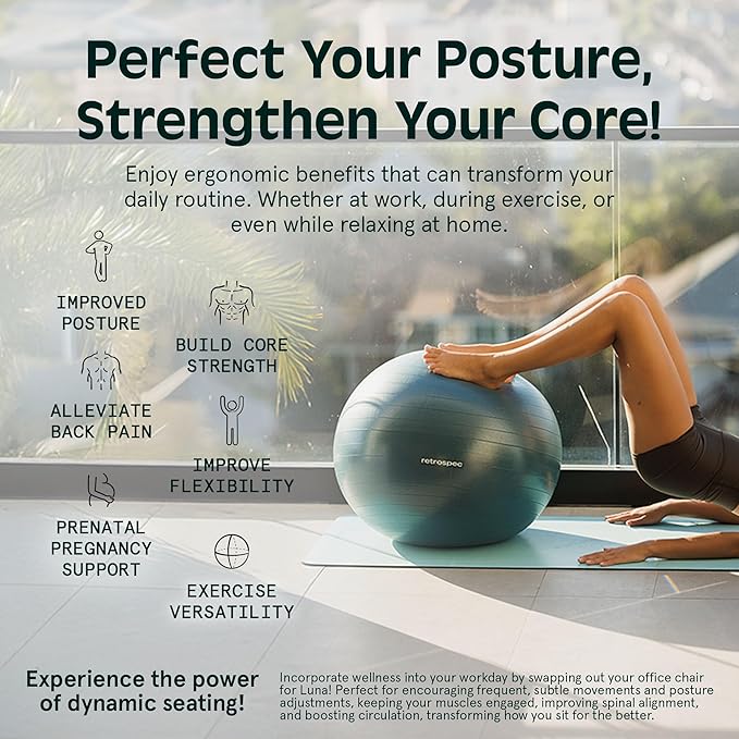 Retrospec Luna Exercise Ball, Base & Pump/Ball & Pump with Anti-Burst Material - Fitness Gym Swiss Ball - Perfect for Balance, Stability, Yoga, Pilates, Pregnancy & Birthing