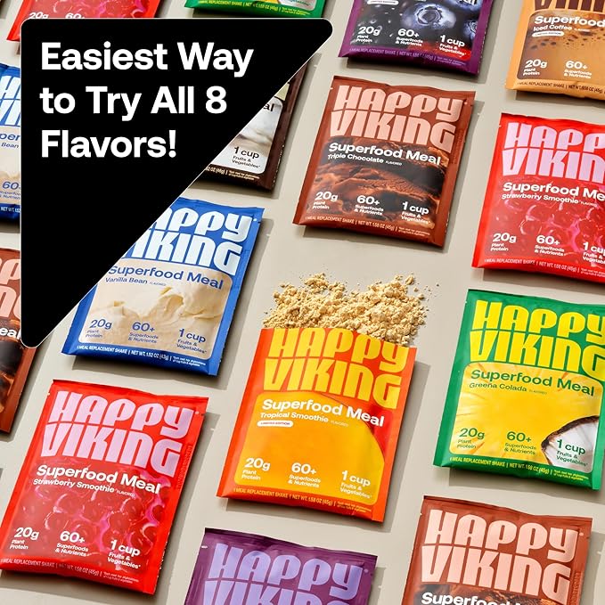 Happy Viking Variety Pack Plant Protein Powder, Created by Venus Williams, 20G Protein, Low Carb, Keto, Vegan, Gluten-Free, Non-GMO, Superfoods, Complete Meal Replacement, 8 Single Serve Packs