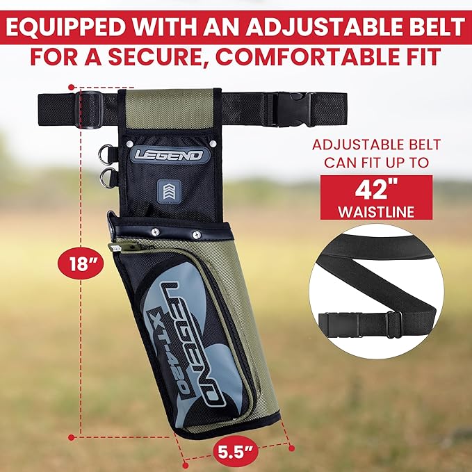 Legend XT420 Field Quiver - Left or Right-Handed Quiver Arrow Holder, Archery Quiver with 3 Arrow Tube, Durable Nylon Hip Quivers with Multiple Pockets for Archery Accessories, Score Card & Tools