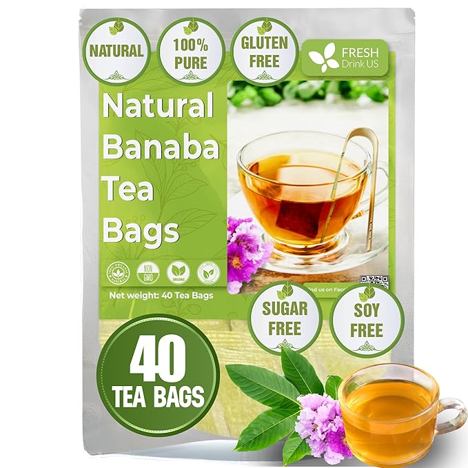 FreshDrinkUS, Premium 40 Banaba Tea Bags, 100% Natural & Pure from Banaba Leaves. Loose Leaf Banaba Herbal Tea. No Sugar, No Caffeine, No Gluten, Vegan.