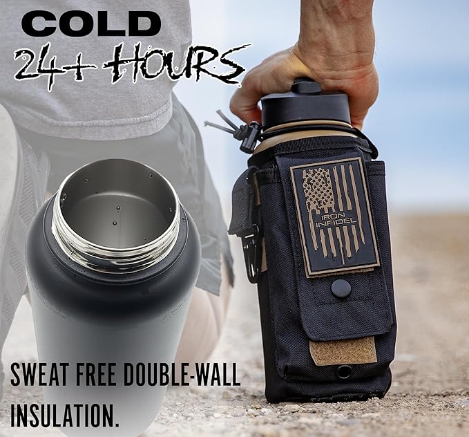 Iron Infidel Battle Bottle - 32 Oz Insulated Water Bottle with Straw Lid & Chug Cap, Stainless Steel Metal Flask Includes Rugged, Removable Sleeve for Keys, Wallet, & Phone (Brown Recluse 1 Liter)