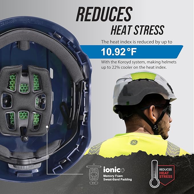 GE Safety Helmet, Impact Absorbing Tech, Adjustable Ratchet, ANSI Type 1, Memory Foam Padding, Hard Hats Protection, Lightweight, Durable, Chin Strap, Comfortable Fit OSHA Approved