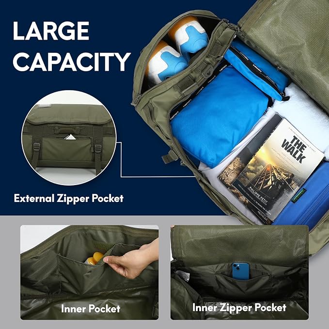 Haimont Large Duffle Backpack Bag for Men Travel, Heavy Duty Duffel Bags with Shoes Compartment for Long Trip, Camping, Water-resistant, 90L, Army Green